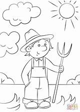 Farmer Cartoon Coloring Drawing Pitchfork Pages Printable Farm Community Helpers sketch template