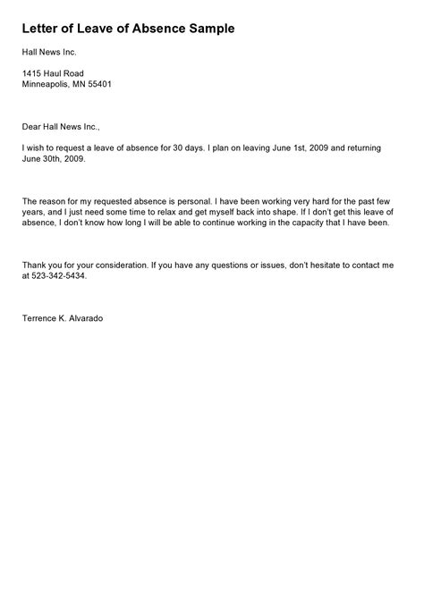 absence request letter sample leave  absence letter request