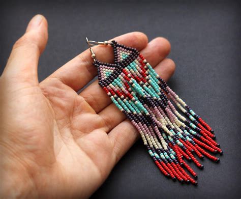 long dangle seed bead earrings colorful beaded fringe earrings etsy