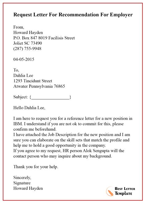 request letter  recommendation  employer  letter template