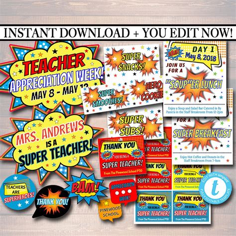 teacher appreciation week superhero theme printable decor tidylady