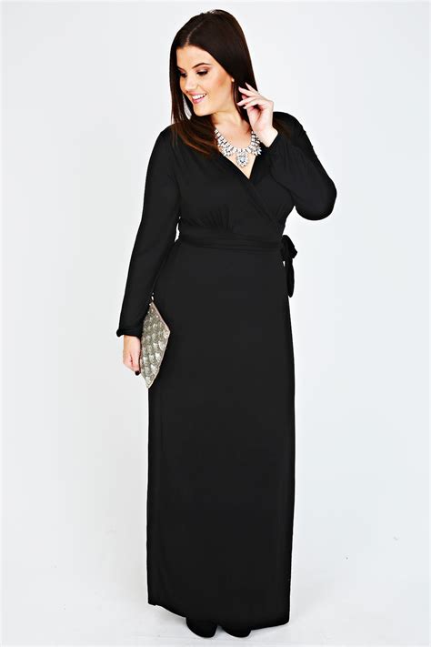 Black Long Sleeve Wrap Maxi Dress Plus Size 14 To 36