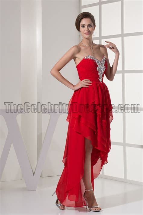 red strapless sweetheart high low prom gown evening dresses thecelebritydresses