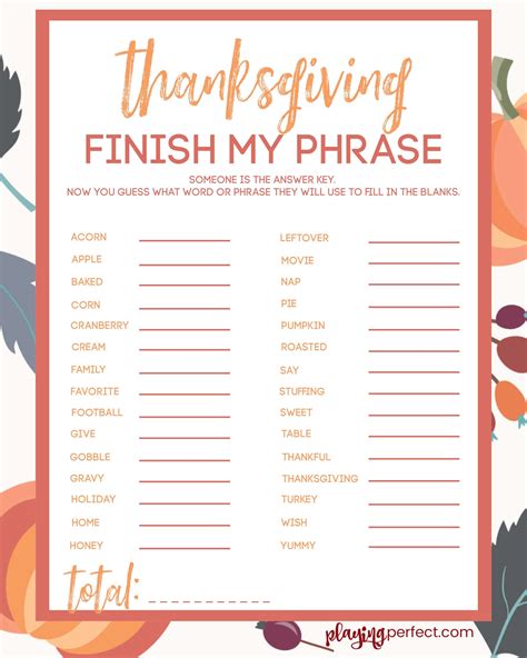 thanksgiving game  printable finish  phrase playing perfect