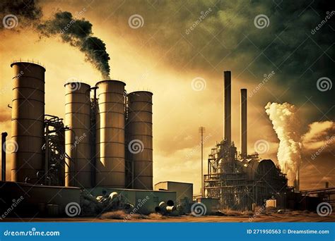 chimneys  silos  factory chemical industry scene woth smoke stock illustration