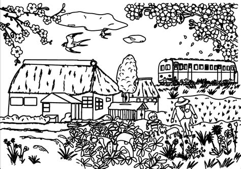 農村と桜と電車｜高齢者用塗り絵無料プリント ぬり絵の力
