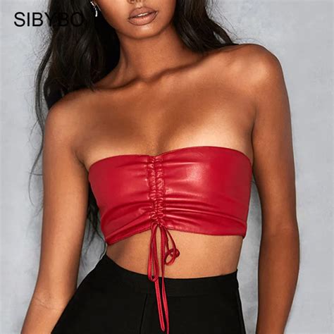 sibybo sexy red pu zipper crop top women off shoulder backless stretch