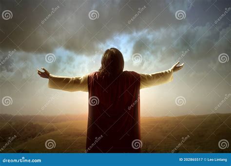rear view  jesus christ raised hands  praying  god stock image