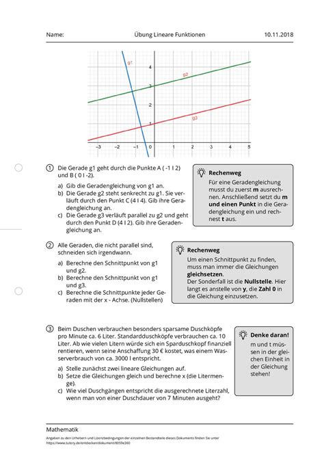 arbeitsblatt uebung lineare funktionen mathematik tutoryde