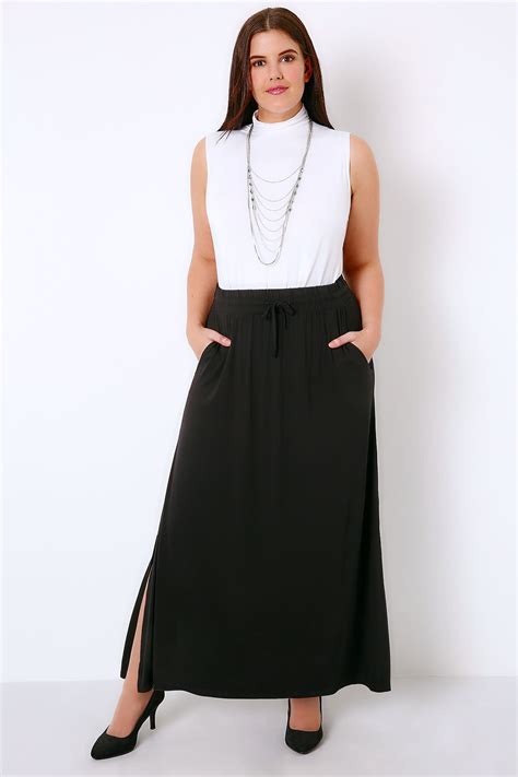 black pull on maxi skirt with side splits plus size 16 to 36