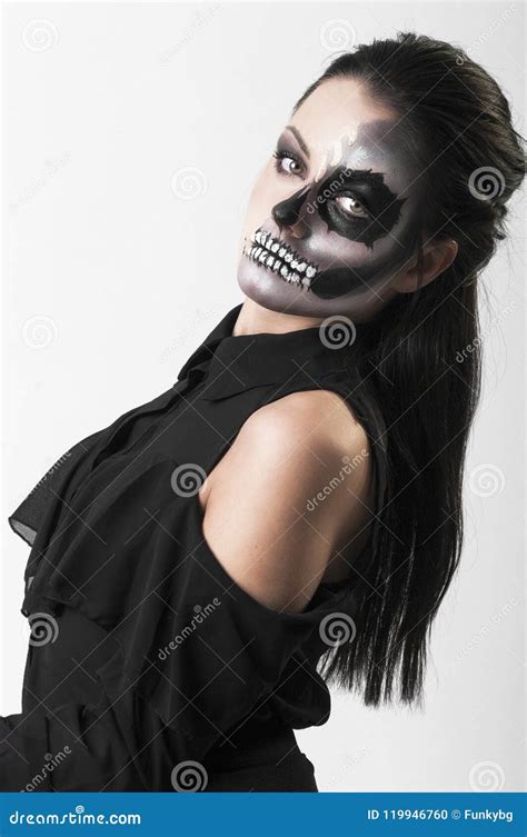 portrait  young woman  painted skull  face stock photo image