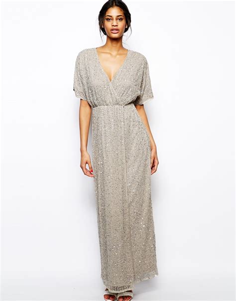 lyst asos sequin kimono maxi dress  gray