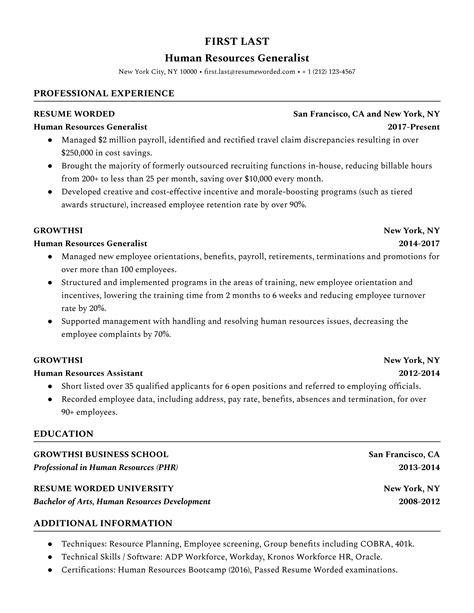 human resources resume  experience