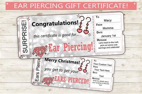 ear piercing gift certificate voucher printable adobe etsy ear