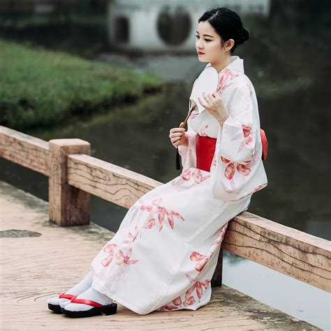 japanese style female kimono gown classic printed long robe traditional yukata  obi girl
