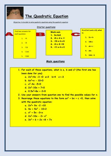 algebra solving  quadratic equation worksheet teaching resources