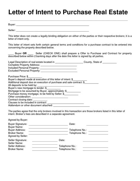 letter  intent real estate purchase  printable documents