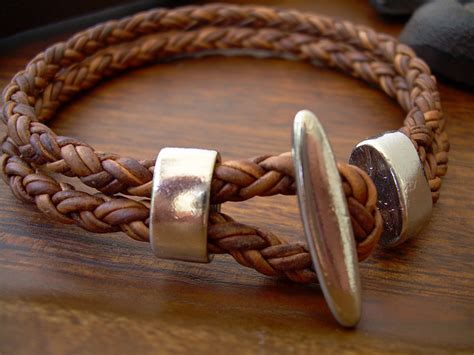 natural light brown braided mens womens leather bracelet