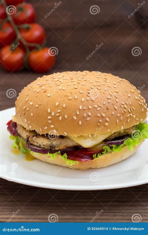 Burger Of Homemade Close Up On Wooden Background Top View Stock