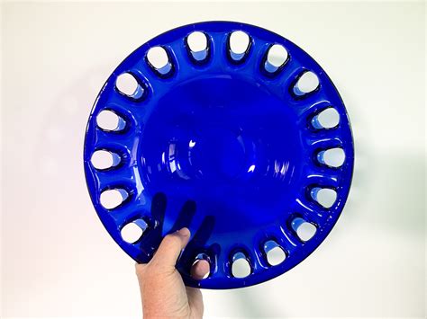 Vintage Blue Glass Bowl W Lattice Edge Retro Home Decor Circa Cobalt