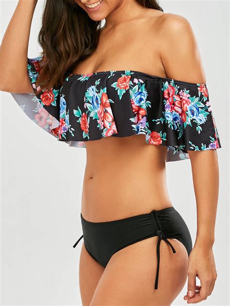 [45 Off] Off Shoulder Flounce Floral Bikini Set Rosegal