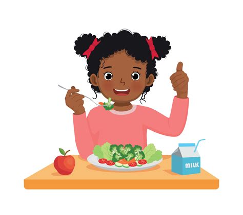 cute  african girl eating broccoli healthy vegetables  fork