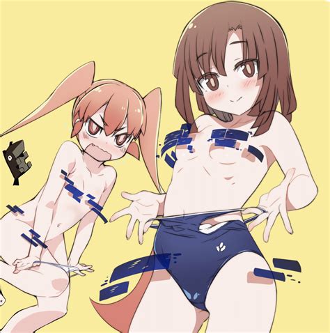 2girls animated ass visible through thighs bangs blush breasts brown eyes brown hair censored