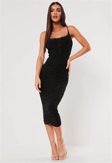 Sxf X Missguided Black Slinky Ruched Lace Up Midi Dress Missguided