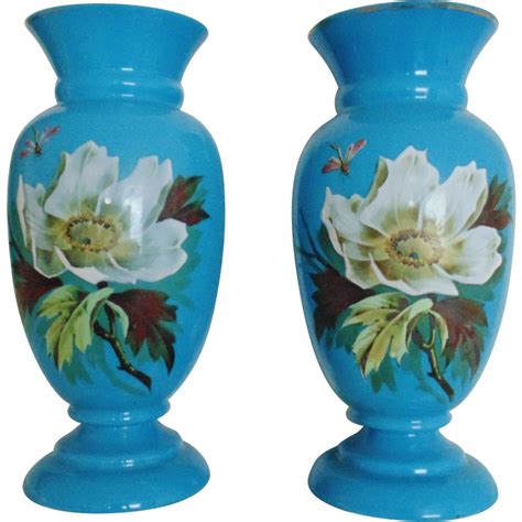 Pair Antique Vases Blue Opaline Glass French Victorian For