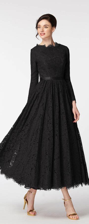 Modest Black Formal Dresses Long Sleeves Tea Length Long Sleeve Dress