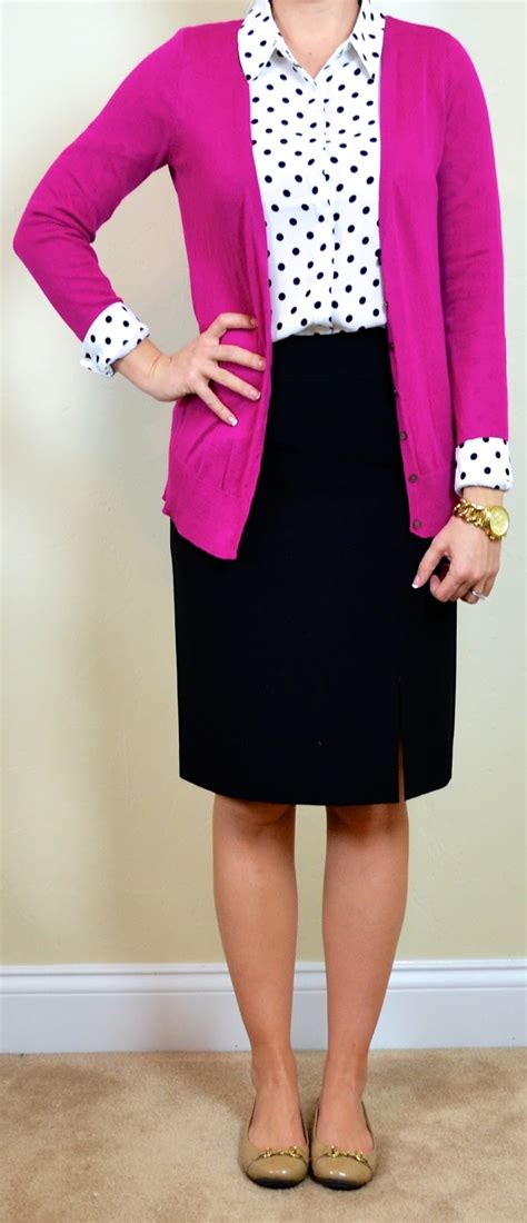 outfit post polka dot blouse pink cardigan black pencil skirt