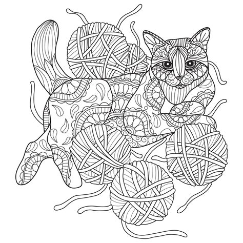 cat  yarn hand drawn  adult coloring book  vector art