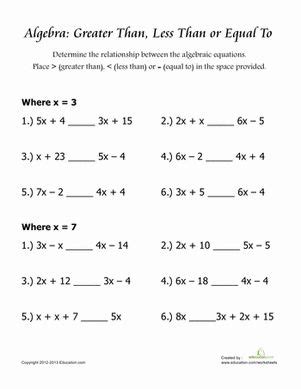 comparing algebraic equations worksheet educationcom