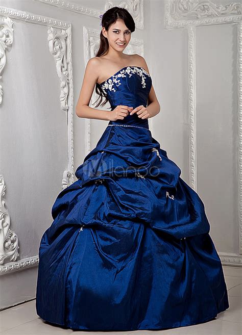 Ball Gown Strapless Floor Length Royal Blue Taffeta Applique