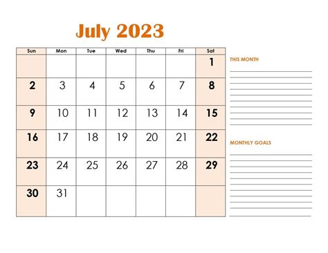 july  calendar printable  blank templates