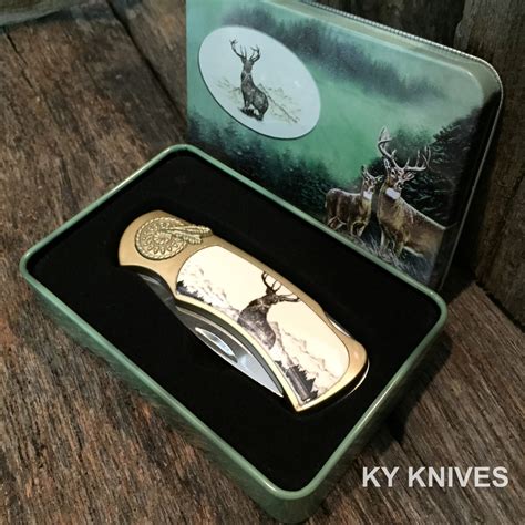 Collector Lockback Knife With Tin Case Wildlife Deer Pocket Knife New