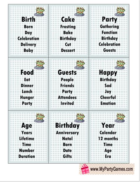 printable birthday taboo inspired game cards