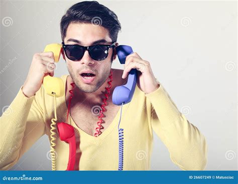 funny call center guy  colorful phones stock image image  cool
