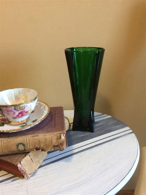 vintage anchor hocking forest green glass vase paneled etsy green