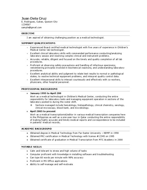 medical technologist resume clean  concise