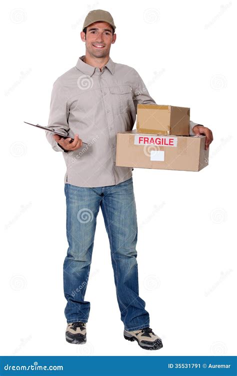 delivery man stock image image  package home fragile