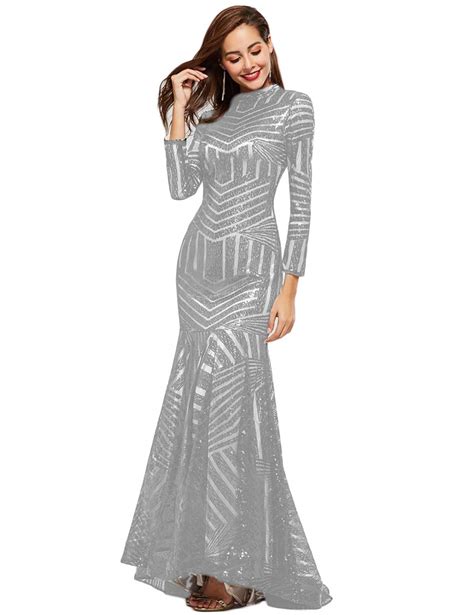 long sexy evening dresses 2022 high neck long sleeve sparkly silver