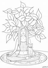 Yoga Cat Woman Coloring Her Practicing Stress Anti Grows Behind Tree sketch template
