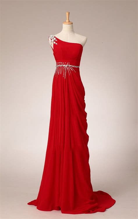 Pretty Elegant Red One Shoulder Prom Dress With Beadings Simple Red