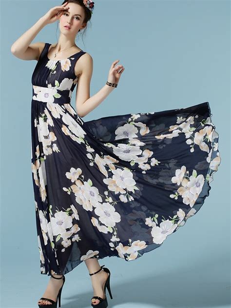 Navy Sleeveless Flower Print Chiffon Dress Shein Sheinside