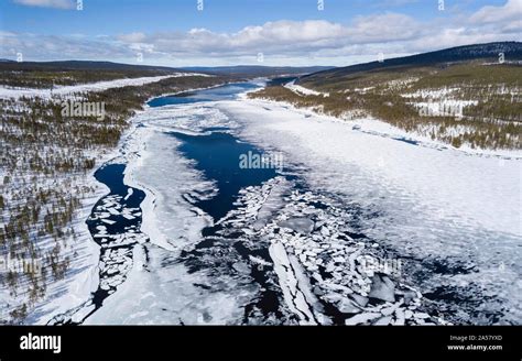 drone shot frozen lake  floating ice floes jokkmokk norrbottens