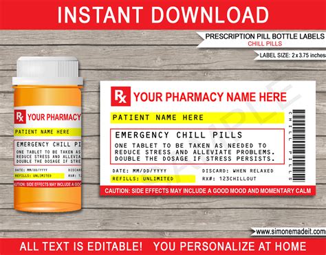 printable funny prescription labels editable chill pills label funny gag gift professional