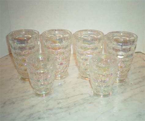Set Of 6 Vintage Federal Glass Co Iridescent Rainbow Thumbprint
