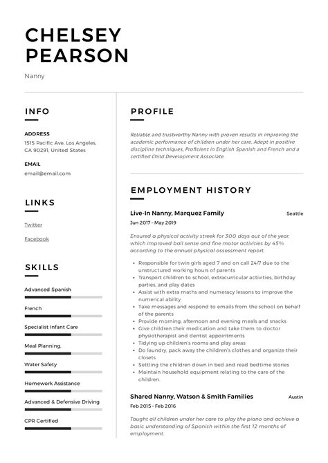 nanny resume writing guide  template samples