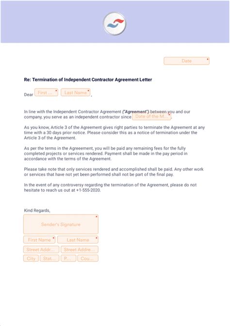 independent contractor agreement termination letter sign templates